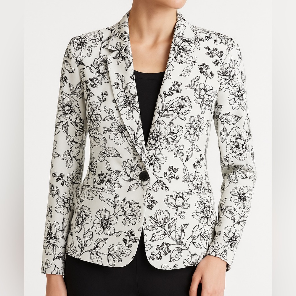 RW&CO Floral Black and White Floral Print Office Women's Blazer size 2